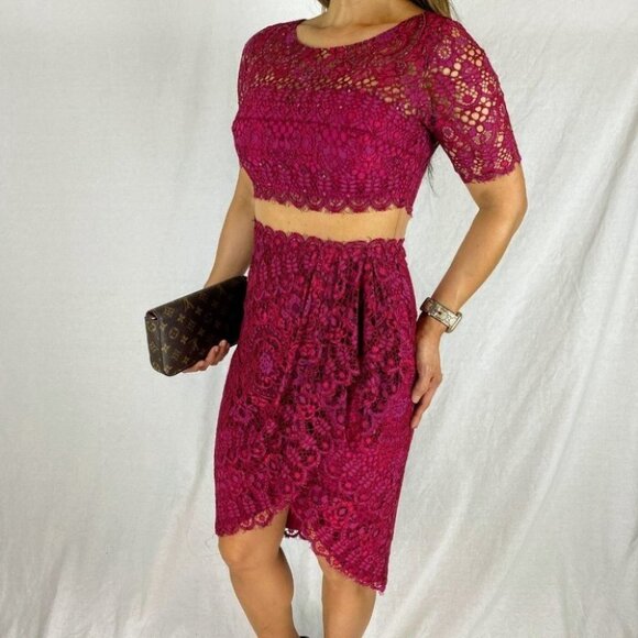 Marchesa Notte Deep Red Lace Sheer Dress $795 - Picture 5 of 12